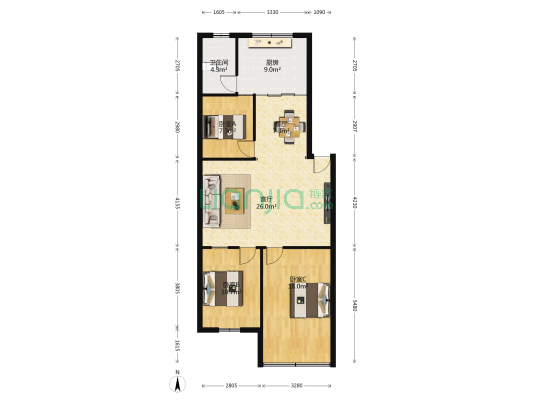 沿河小区 3室2厅1卫 106平方