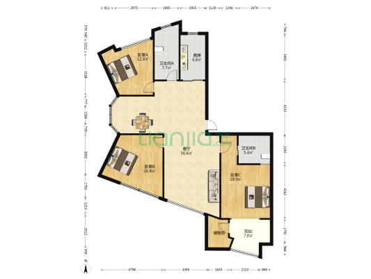 昆城中欣广场 3室1厅2卫 173平方