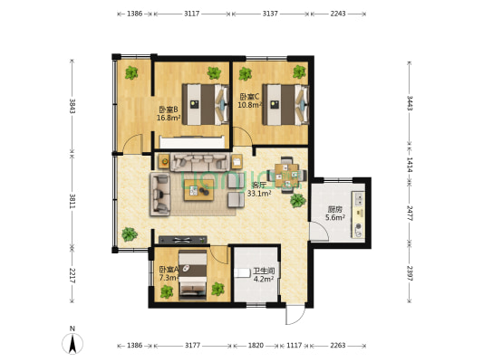 富春大厦 3室1厅1卫 79平方