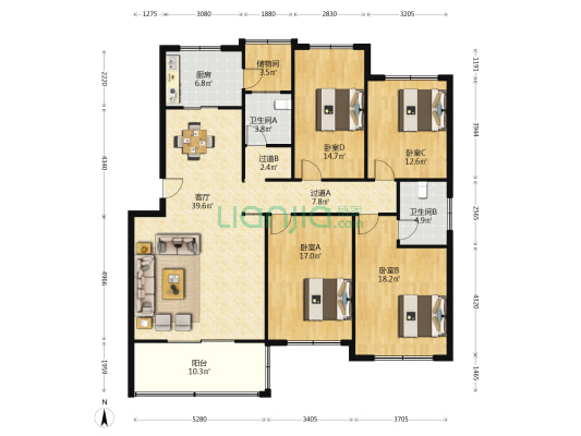 乐天小区三区 4室1厅2卫 160平方