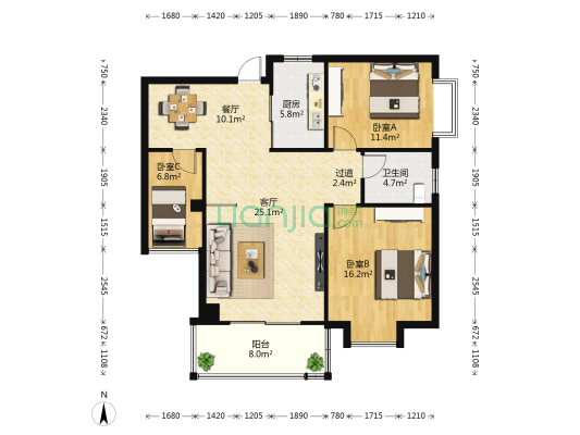 财银小区 3室2厅1卫 96平方