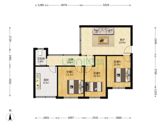 水碾村 3室1厅1卫 90平方
