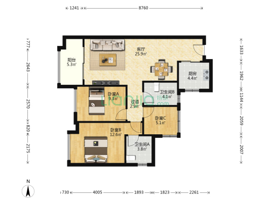 保利天汇二期 3室1厅2卫 88平方
