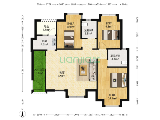蝴蝶洲 3室1厅2卫 98平方