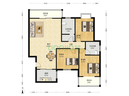 水映青山园 3室1厅2卫 145平方