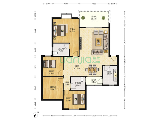 锦苑一期B区 3室1厅2卫 140平方
