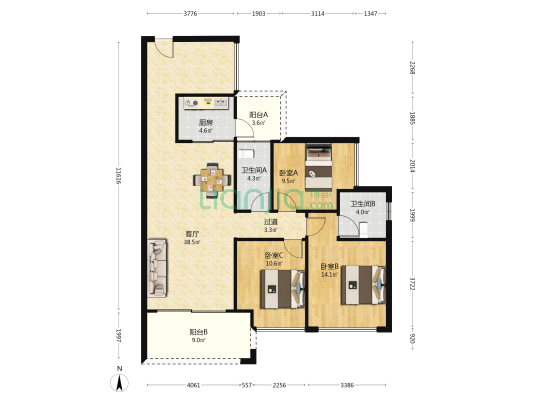新怡荣尚家园 3室1厅2卫 118平方