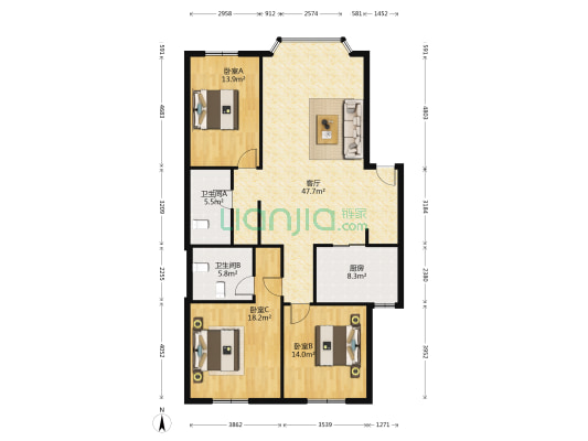 翡翠家园 3室1厅2卫 130平方