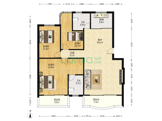 鸿源居 3室1厅2卫 130平方