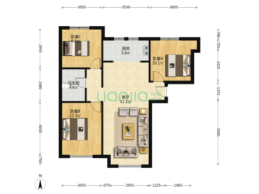 南北通透三局中楼层，户型方正，房本满五-户型图