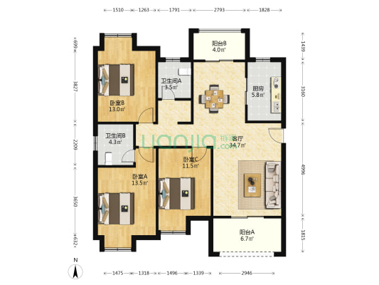 左岸天地 3室1厅2卫 122平方