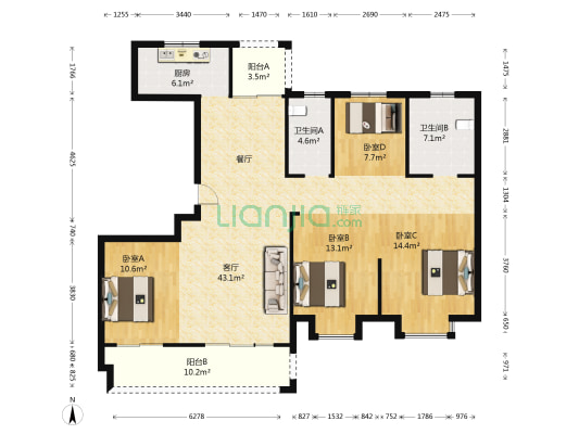 江山名洲六期 4室1厅2卫 145平方