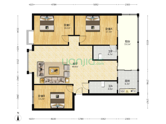 德阳市华盛馨苑 3室1厅2卫 128平方