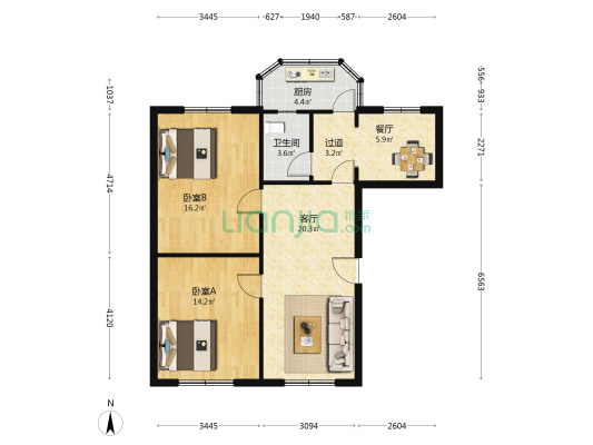 星达里 2室2厅1卫 90平方