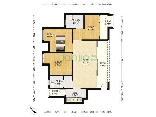 中铁奥维尔一期 2室1厅2卫 85平方