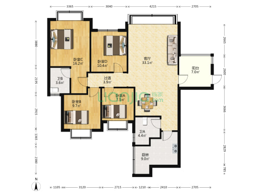 春暉苑小区 4室1厅2卫 133平方