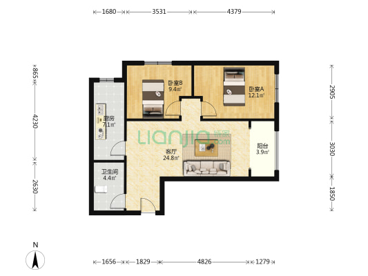 此房东北方向，楼层好，房屋宽敞明亮。-户型图