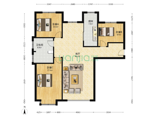 新干线，精装大三居，楼层采光好，户型格局方正-户型图