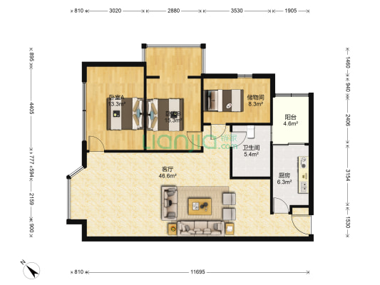 清河苑 2室1厅1卫 115平方