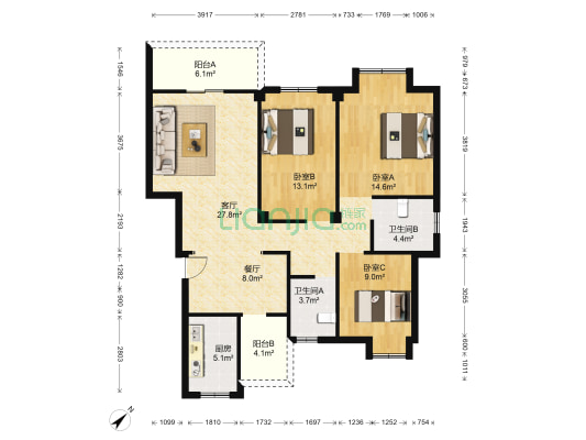 和信北郡香湖苑 3室2厅2卫 121平方
