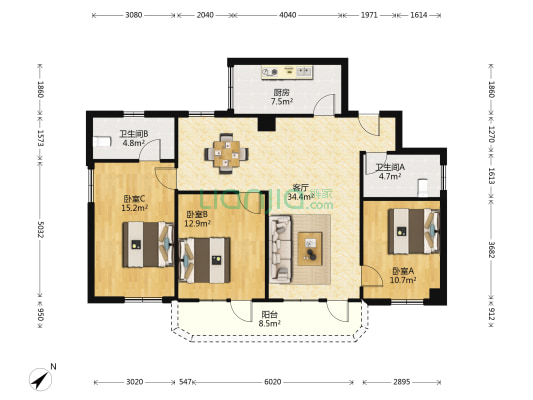 展麟大厦 3室1厅2卫 131平方