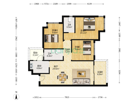 绿地新里城 3室1厅2卫 105平方