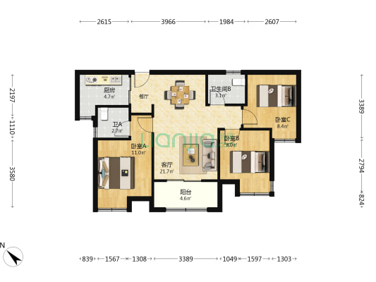 中粮云玺壹号一期 3室1厅2卫 85平方