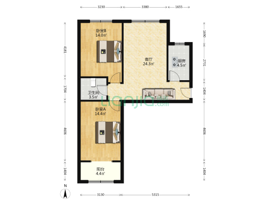 水岸花城 南北通透两居 中间楼层-户型图