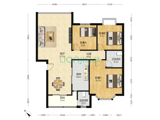 钰翔花园 3室1厅2卫 115平方