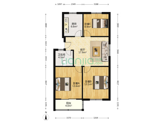 酱园弄 3室1厅1卫 83平方