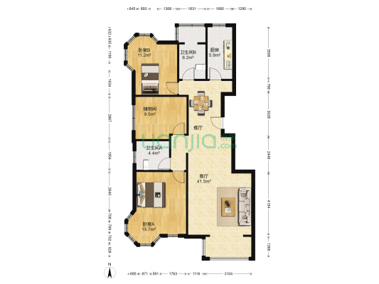 滨河雅园 2室1厅2卫 126平方