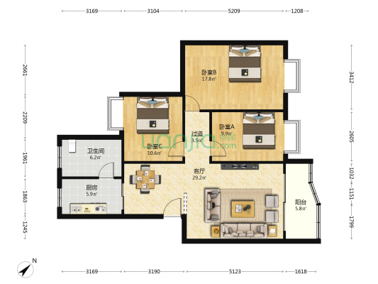 艳山路 3室1厅1卫 108平方