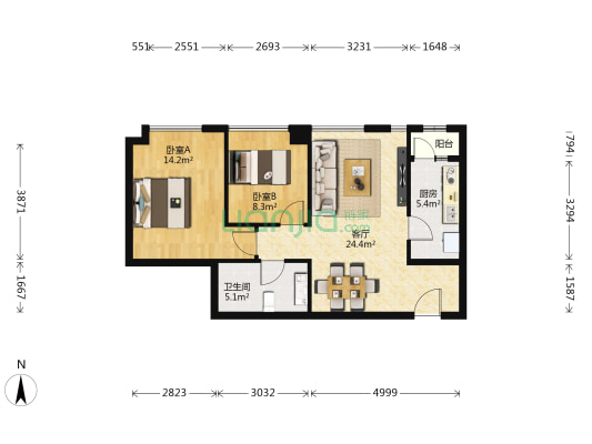 星悦国际 2室1厅1卫 85平方