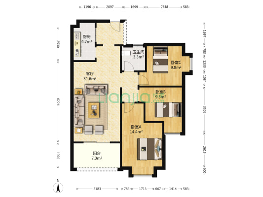 民福旌城天际 3室1厅1卫 97平方