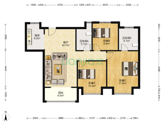 正中尚品 3室1厅2卫 125平方