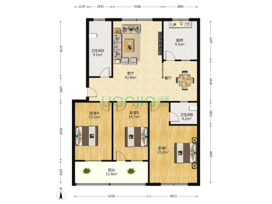 幸福小区（长葛市） 3室1厅2卫 146平方
