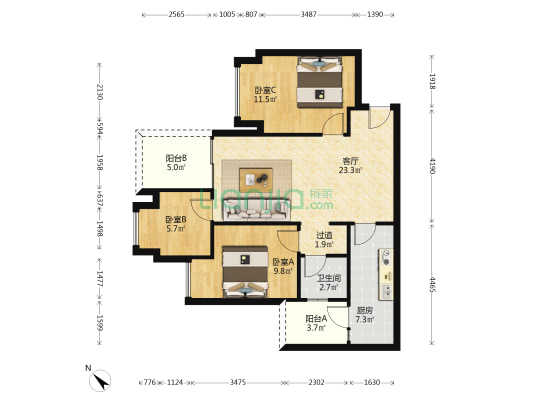 观山御璟二期二组团 3室1厅1卫 85平方