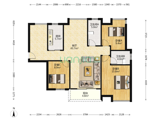 现代华府 3室1厅2卫 112平方