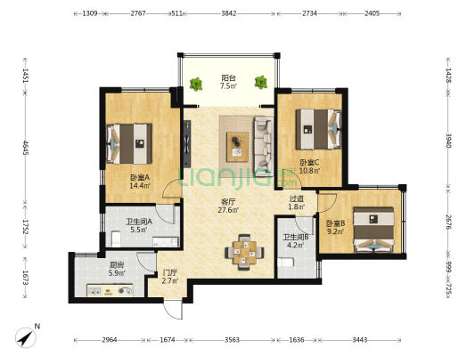 千江悦卓悦畔 3室1厅2卫 103平方