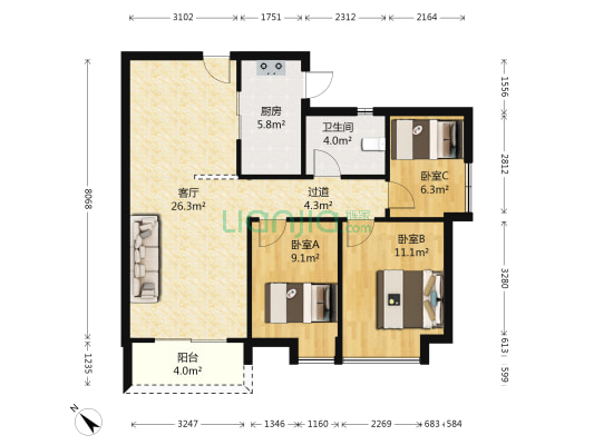 东平广场 3室1厅1卫 88平方