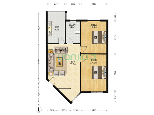 刘岗还原楼 2室1厅1卫 90平方