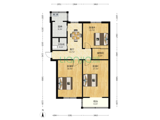 太原市经济信息中心宿舍 3室1厅1卫 92平方