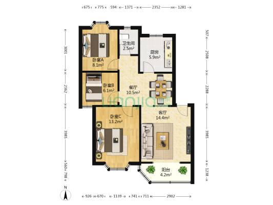 特皓苑 3室2厅1卫 80平方