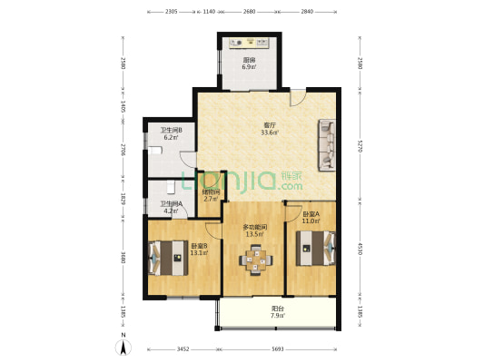 东方花苑 3室1厅2卫 127平方