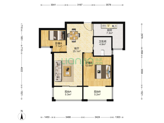 青剑湖公馆 2室1厅1卫 76平方