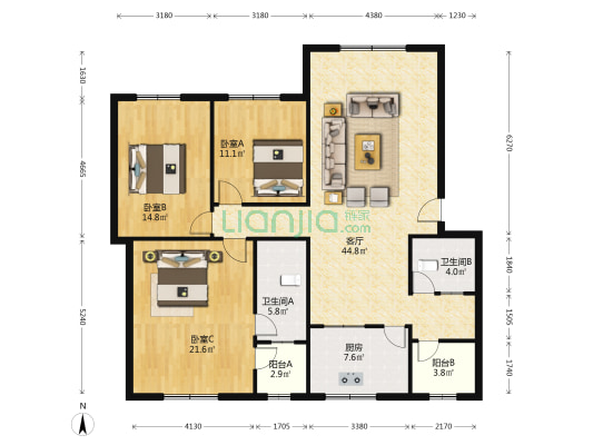 市中级法院宿舍 3室1厅2卫 131平方