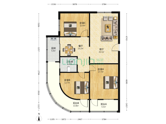 瑞金南路 3室2厅1卫 115平方