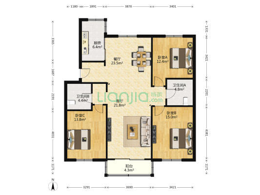 福星小区 3室2厅2卫 129平方
