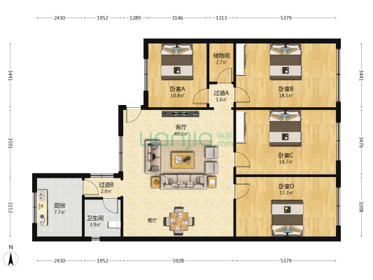 东升路1号 4室1厅1卫 153平方