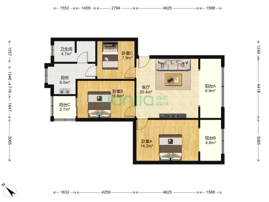 营康西路1号 3室1厅1卫 84平方